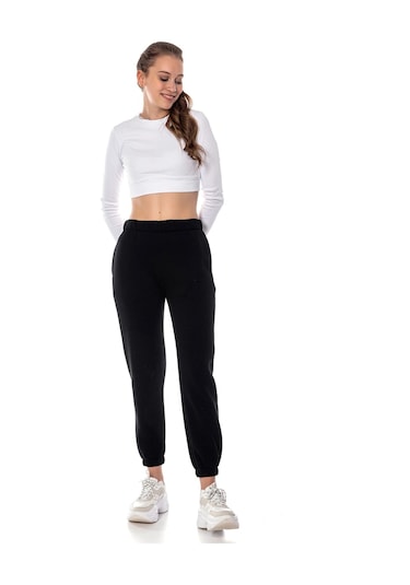 Kadın Ekru Renk Elastik Paça Örme Jogger Eşofman Altı Cy84200 Siyah