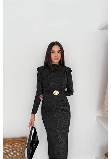 Neşeli Butik Kadın Kol Vatkalı Toka Detaylı Drapeli Maxi Elbise Nbk4358 Siyah