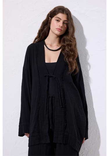 Müslin Geniş Kollu Kimono Siyah Siyah