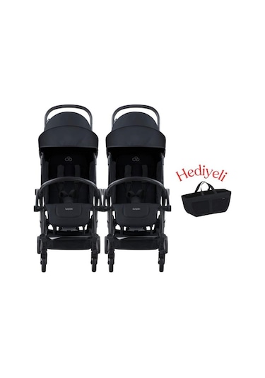 Connect³ İkiz Bebek Arabası / Black - Black & Yan Düzenleyici Çanta Hediyeli