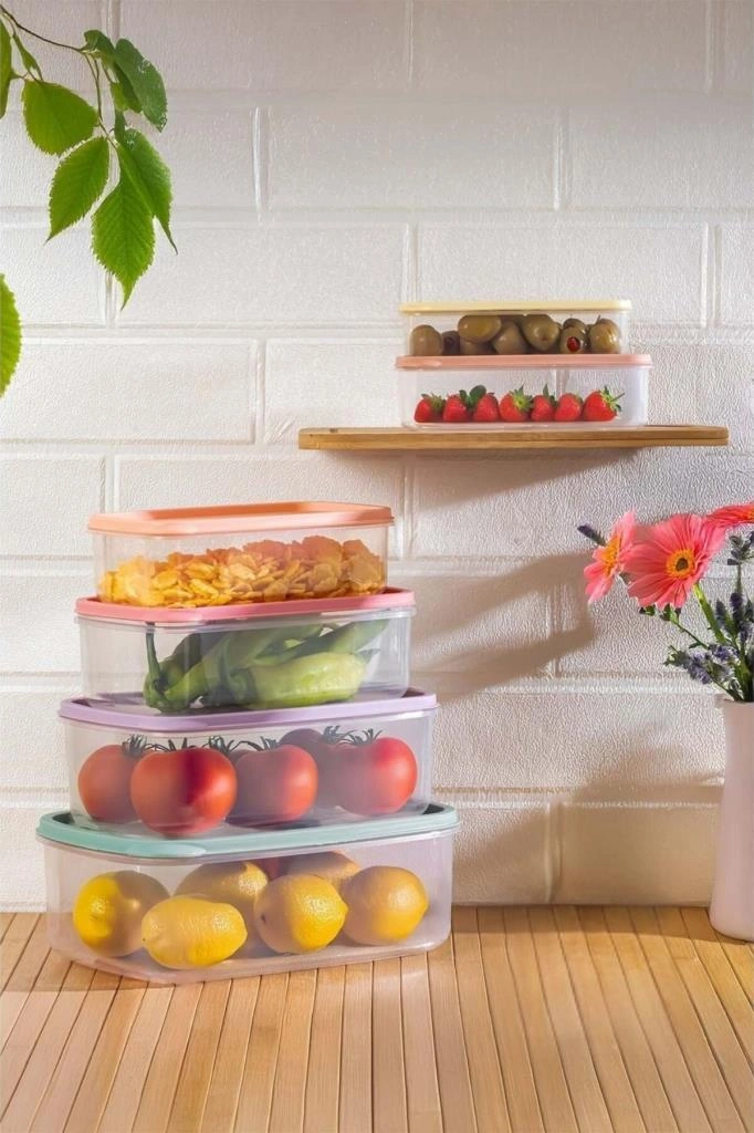 6 Lı İç İçe Geçen Kapaklı Saklama Kabı Seti, Buzdolabı Piknik Ofis Pratik Saklama Kutusu 6 Lı Set Şeffaf