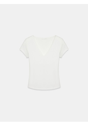 Dilvin 32840 V Yaka Basic T-shirt-ekru