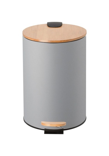 Bambu Kapaklı Pedallı Metal Çöp Kovası - 12 Lt. - Gri Gri