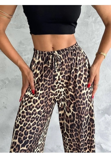 Kadın Varak Baskılı Leopar Desenli Mevsimlik Beli Lastikli Geniş Paça Pantolon Leopar