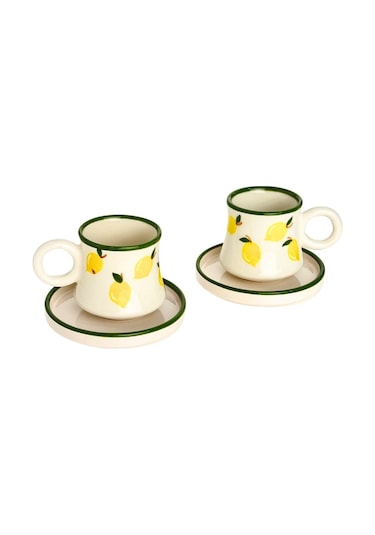 2 Li Takım Limon Desenli El Yapımı Kazan Seramik Kahve Fincanı, Kahve Fincanı, Hand Made Beyaz
