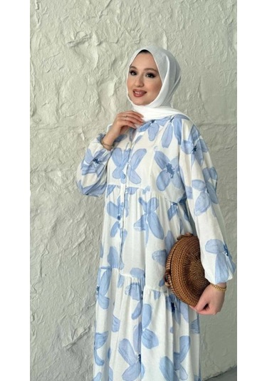 Modal Kumaş Çiçekli Düğmeli Elbise - Mavi Mavi