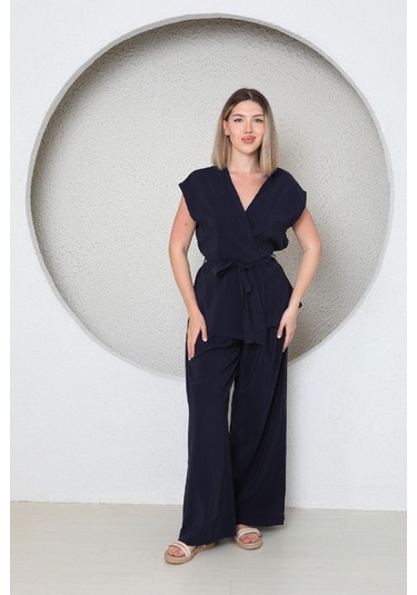 Kadın Üstü Kruvaze Modal Pantolonlu Takım Indigo