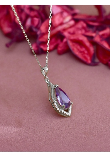 Brezza Lusso Jewelry Gümüş Ametist Taşlı Su Damlası Bayan Gümüş Kolye
