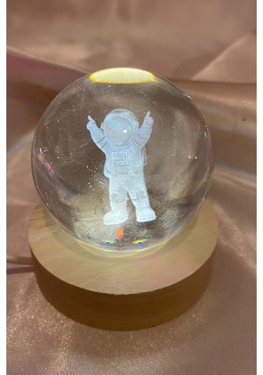 3d Led Işık Cam Küre Tek Renk Günışığı Ahşap Astronot 7 Cm