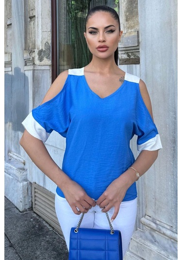 Kadın İndigo Omuz Dekolteli Kısa Kol, Salaş Keten Bluz Indigo