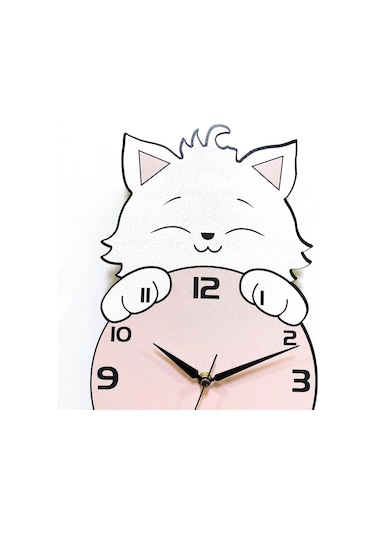 CajuArt Saat Arkasından Bakan Sevimli Kedi Çocuk Odası Duvar Saati Pembe