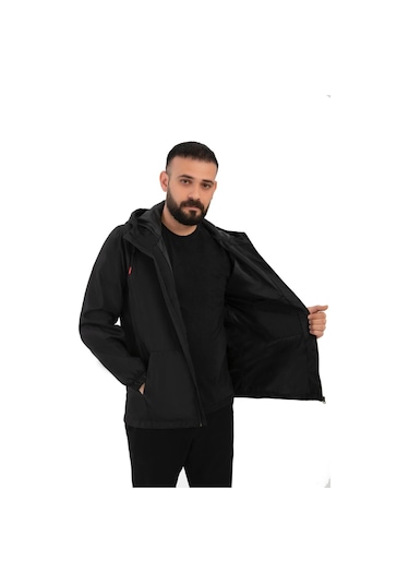 Freemen Erkek Siyah Içi Astarlı Kanguru Cepli Su Ve Rüzgar Geçirmez Kapüşonlu Cepli Yağmurluk Siyah