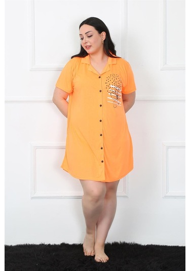 Akbeniz Büyük Beden Penye Düğmeli Turuncu Tunik Gecelik 1025-turuncu Turuncu