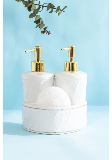 Porsima 3117 Gold Kapaklı Porselen Süngerli 2li Sıvı Sabunluk Beyaz 350+350 Ml Açık Gri - Beyaz