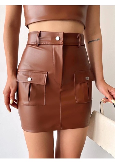 Önden İki Cepli Deri Etek Kahve H240040 Kahve