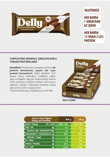 Delly Cappuccino Aromalı Çikolata Kaplı Yüksek Protein Bar 12 x 40 G