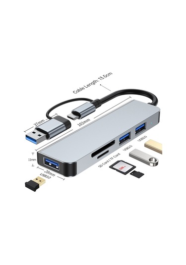 Yaozixa Type-c Dönüştürücü Usb Hub: 1xusb3.0 5gbps + 3xusb2.0 + Sd/tf Kart Okuyucu, 5-in-1 Aluminyum Kablo 13.5cm , Gri