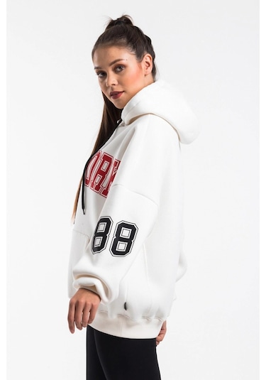 Caya Kadın Ekru Renk Baskı Detaylı Oversize Sweatshirt Cy84191 Beyaz Beyaz