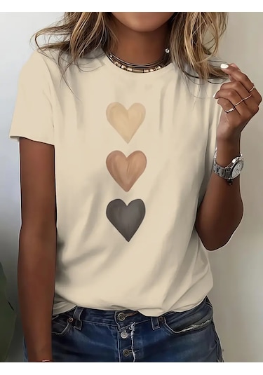 Unisex Üç Kalpli Tasarım Basklı Tshirt Bej