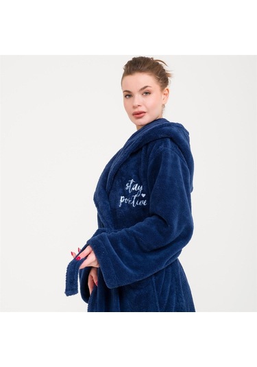 Uzun Welsoft Kapüşonlu Kadın Sabahlık Lacivert