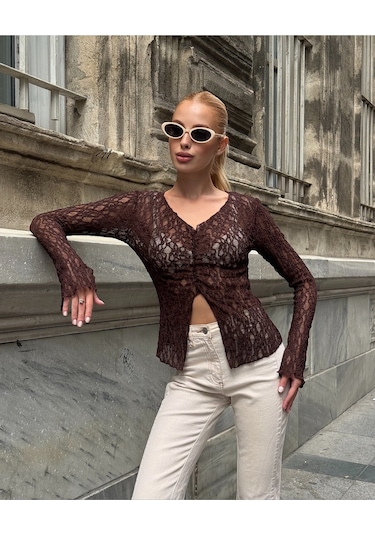 Kadın V Yaka Full Esnek Dantel Bürümcük Spor Şık Tasarım Asimetrik Kesim Gece Bluzu Kahverengi