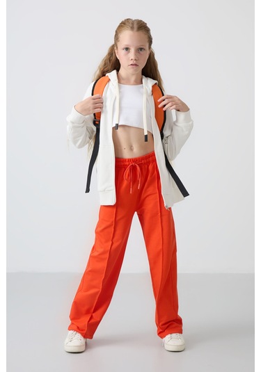 Tommy Life Portakal Cepli Ön Dikiş Detaylı Geniş Paça Kız Çocuk Eşofman Altı -75144 Turuncu