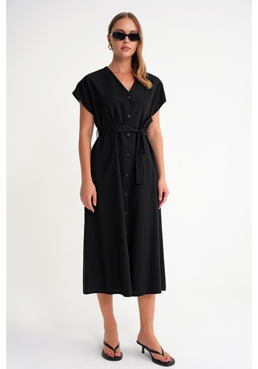 4721 Kadın V Yaka Düğme Detaylı Keten Elbise Siyah Siyah