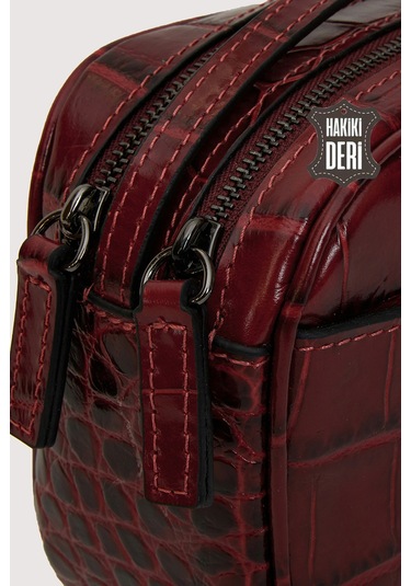 Hakiki Deri Kadın Çapraz Omuz Çantası Kırmızı Kroko Smr8975 Kırmızı Kroko