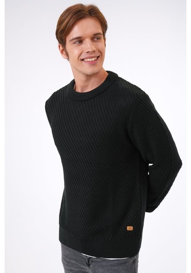 Siyah Regular Fit Yünlü Örgü Desenli Bisiklet Yaka Triko Kazak-siyah Siyah