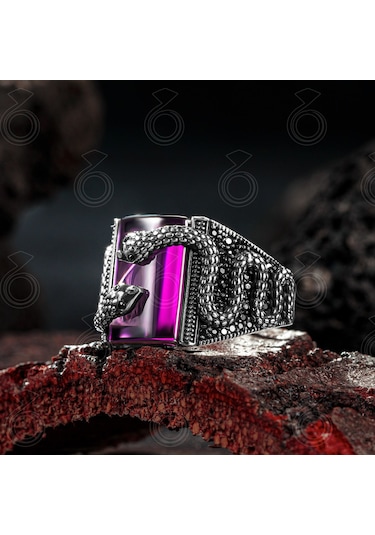 925 Ayar Gümüş Yılan Tasarım Ametist Taşlı Erkek Yüzük Gümüş