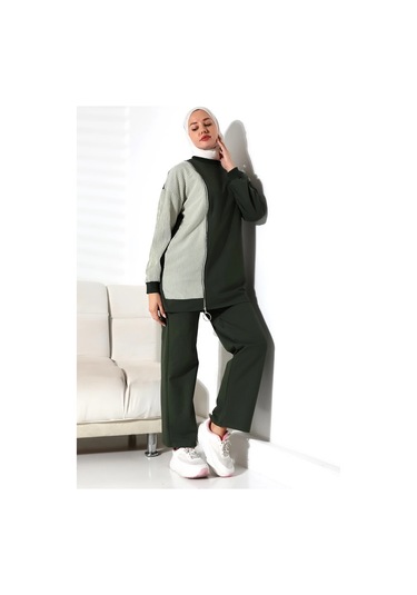 Kadın Mevsimlik Alt Üst Rahat Haki Spor Ikili Tunik Pantolon Şık Tesettür Takım Haki