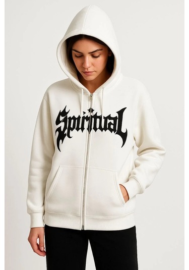Kadın Oversize Kapüşonlu Sweatshirt Hoodie 3 İplik Şardonlu Pamuklu Kumaş, Önü Baskılı, Fermuarlı Ra Beyaz