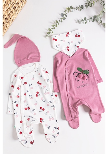 Kiraz Desenli 2'li Uzun Kollu Kız Bebek Tulum Takım 001