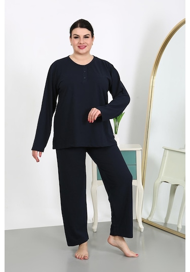 Akbeniz Kadın Büyük Beden Uzun Kol Penye Pijama Takımı Lacivert 202501 Lacivert