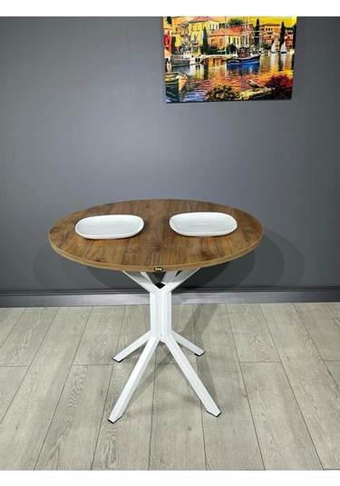 Saray Ceviz Beyaz Yuvarlak Mutfak Masası Yemek Masası Balkon Masası Metal Beyaz Ayak 80 Cm