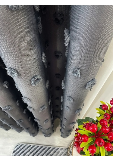 Brillant Carla Puffy Püsküllü Perde İstenilen Tüm Ölçülerde Koyu Gri Koyu Gri