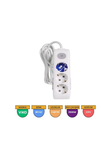 Viko Multi-let 3'lü Grup Priz Anahtarlı Topraklı Çocuk Korumalı 3 Metre Beyaz - 90117303