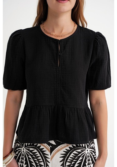 4713 Kadın Beli Büzgülü Kolu Lastikli Bol Müslin Bluz Siyah Siyah