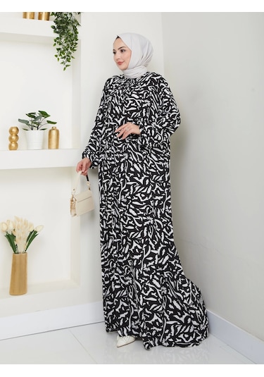 Desenli Önü Büzgülü Viskon Elbise - Siyah / E0131 Siyah