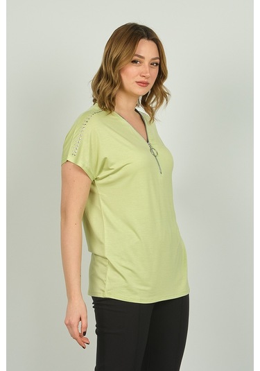 Ella Camelia Kadın Fermuarlı Kısa Kol Bluz 20e038 Limon