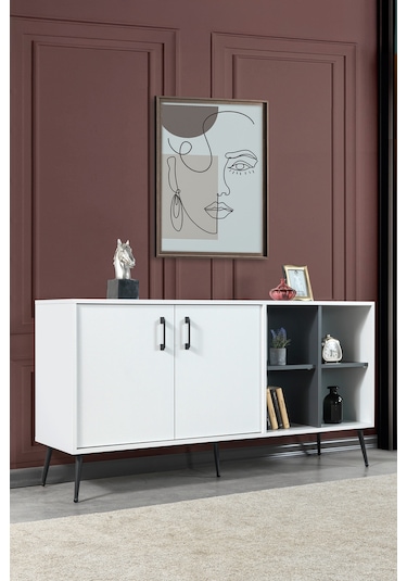 4612 Şile Metal Ayaklı Metal Kulplu Konsol - Yemek Odası - Salon Odası Beyaz Beyaz - Antrasit