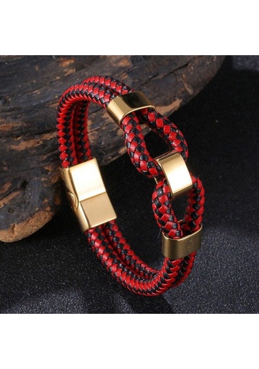 Örme Deri İp Erkek Takı Moda Paslanmaz Çelik Erkek Deri Bileklik Çift Katmanlı Tasarım Çok Renkli Kombinasyon Takı Kırmızı