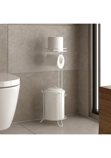 Banyo Tuvalet Kağıdı Askısı Çöp Kovası Yedekli Ayaklı Beyaz Beyaz