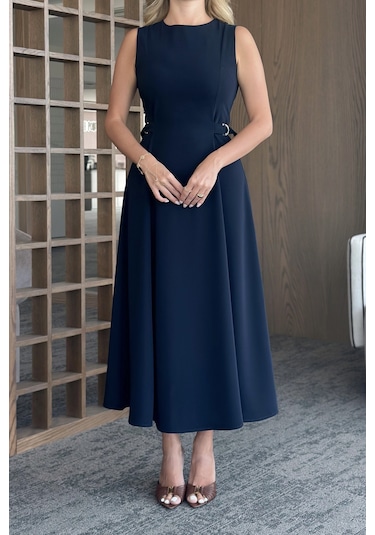Lacivert Bel Kemer Detaylı Elbise Lacivert