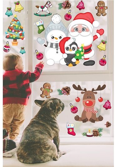 Sevimli Kardan Adam Noel Baba Ve Geyik Temalı Yılbaşı Pencere Sticker