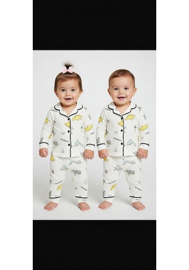 Eray Bebe Dinazor Desenli Unısex Pijama Takımı Beyaz - Sarı