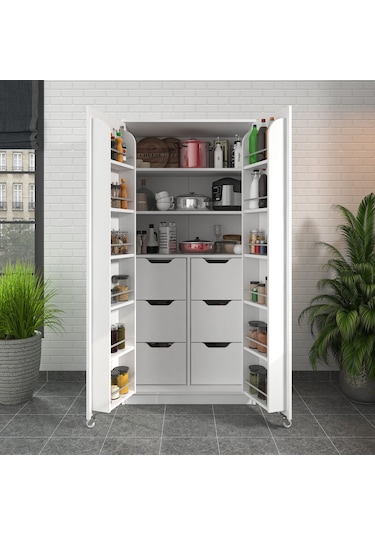 90 Derece Açılabilir 2 Kapaklı, 6 Çekmeceli, Kavanoz Raflı Kiler Ve Erzak Mutfak Dolabı Beyaz