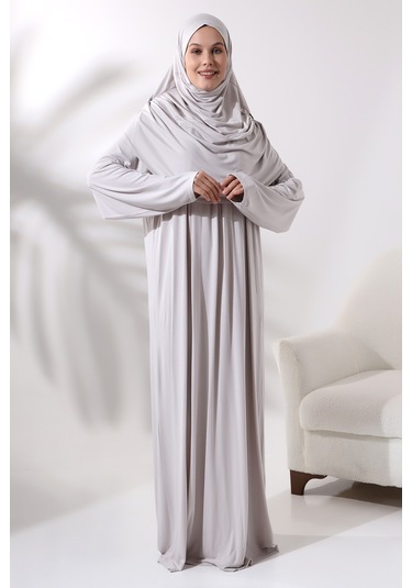 Tek Parça Pratik Başörtülü Robalı Namaz Elbisesi 8015 Taş Rengi 001
