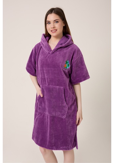 Palmiye Sörf Nakışlı Yetişkin Sörf Yazlık Panço Kapüşonlu Plaj Havlusu Mor Mor