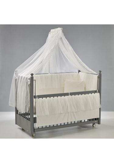 Meltem Kids Mondo Sallanır Ahşap Anne Yanı Beşik - 60x120 CM ( Gri - Ekru ) Ekru